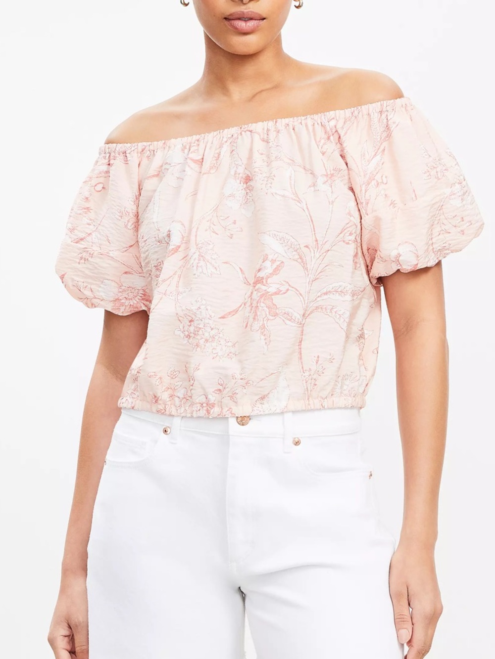 NWT LOFT Blush Pink Off-Shoulder Lightweight Floral Puff-Sleeve Top Blouse XXL